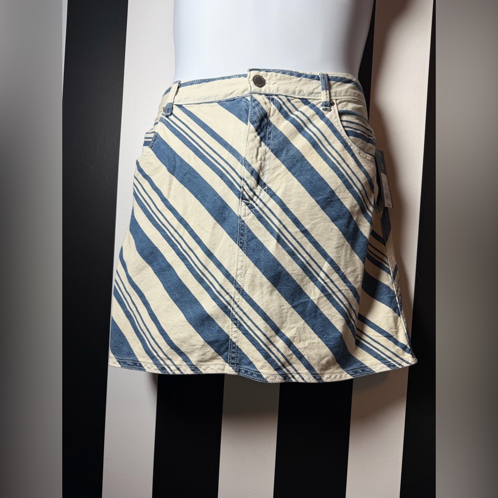 NWT Navy Blue and Cream Striped Denim A-line Mini Skirt - SZ 17